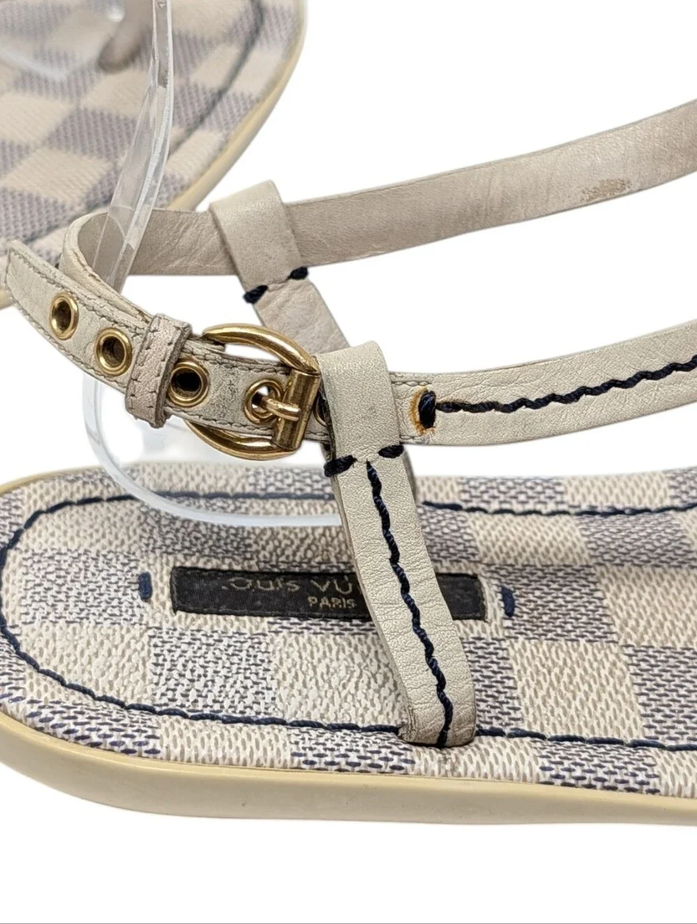 Louis Vuitton Damier Azur White Blue Check T-Strap Thong Sandals Size EU 38.5